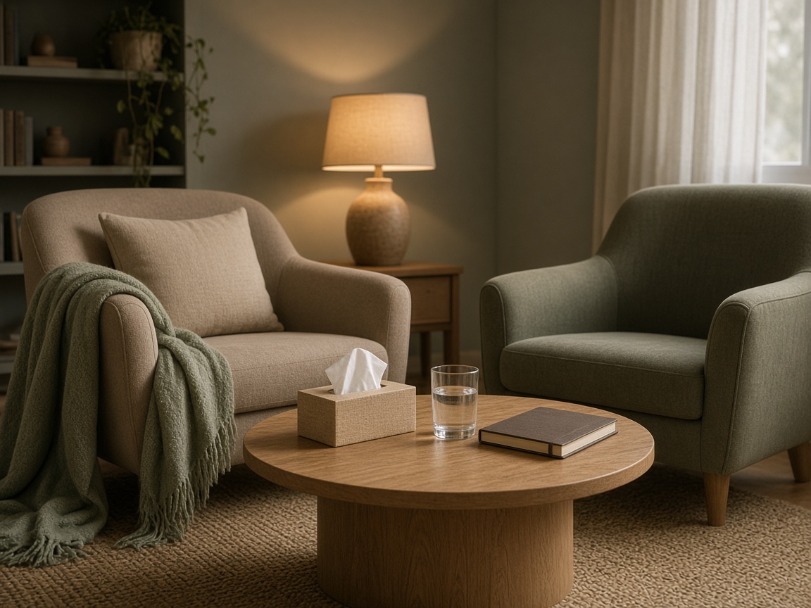Counseling chairs and a closed notebook